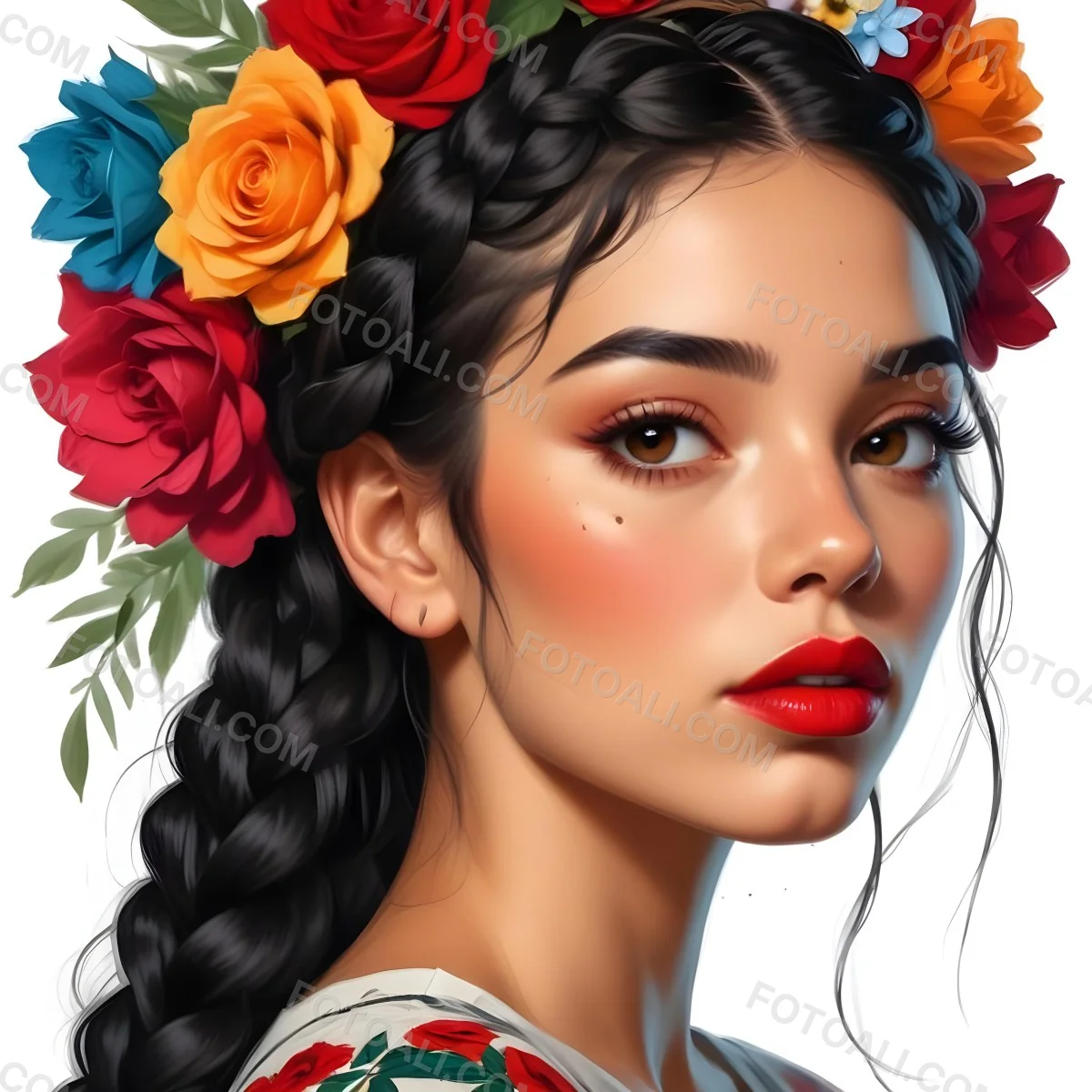 Digital Painting A 23 Year Old Hispanic Woman With Black Braided Hair And Red Lips Flower Crown White Background Bold And Slim Lines Brush Strokes 16 B092