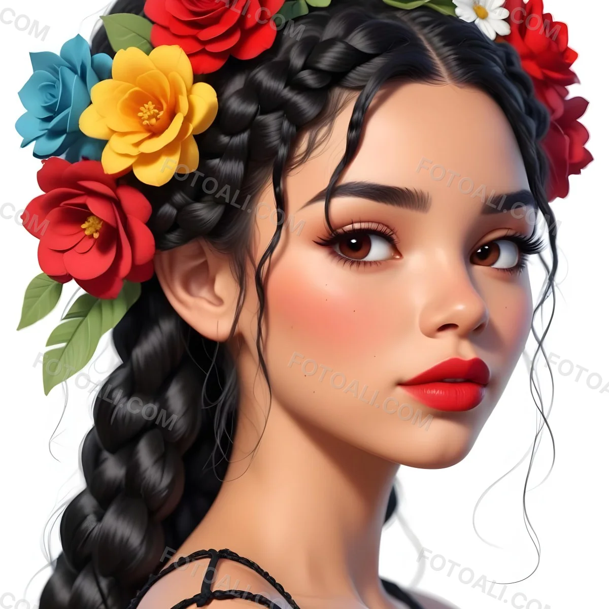 Digital Painting A 23 Year Old Hispanic Woman With Black Braided Hair And Red Lips Flower Crown White Background Bold And Slim Lines Brush Strokes 25 D9f9