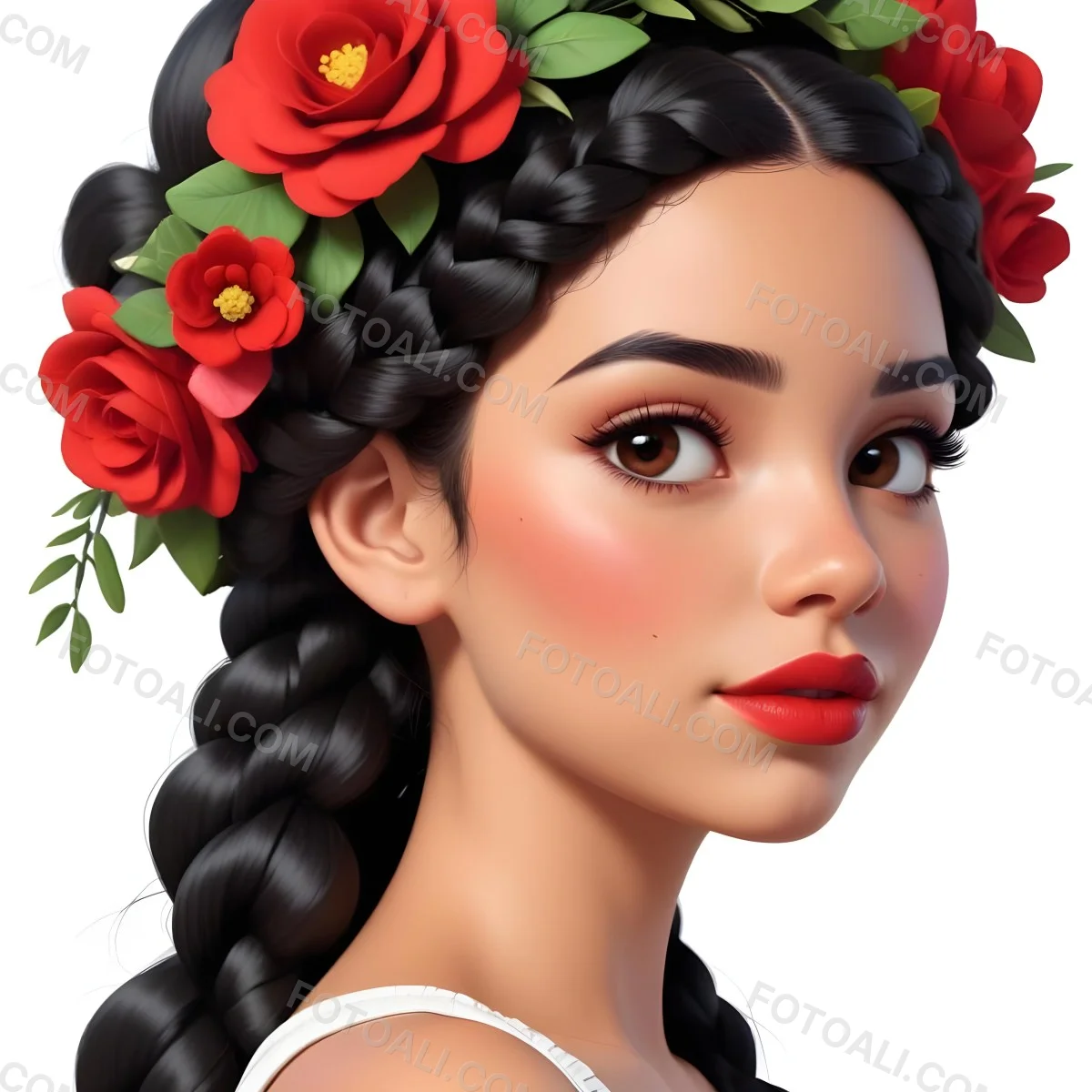 Digital Painting A 23 Year Old Hispanic Woman With Black Braided Hair And Red Lips Flower Crown White Background Bold And Slim Lines Brush Strokes 35 3593