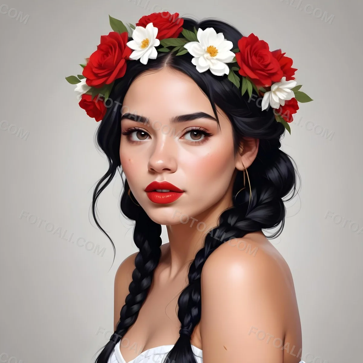 Digital Painting A 23 Year Old Hispanic Woman With Black Braided Hair And Red Lips Flower Crown White Background Bold And Slim Lines Brush Strokes 48 350d