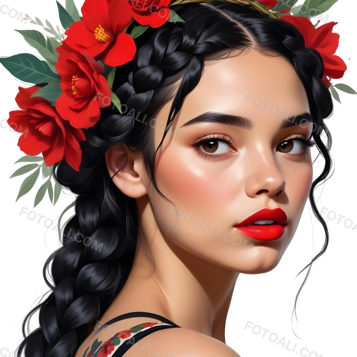 Digital Painting A 23 Year Old Hispanic Woman With Black Braided Hair And Red Lips Flower Crown White Background Bold And Slim Lines Brush Strokes 51 A1f5
