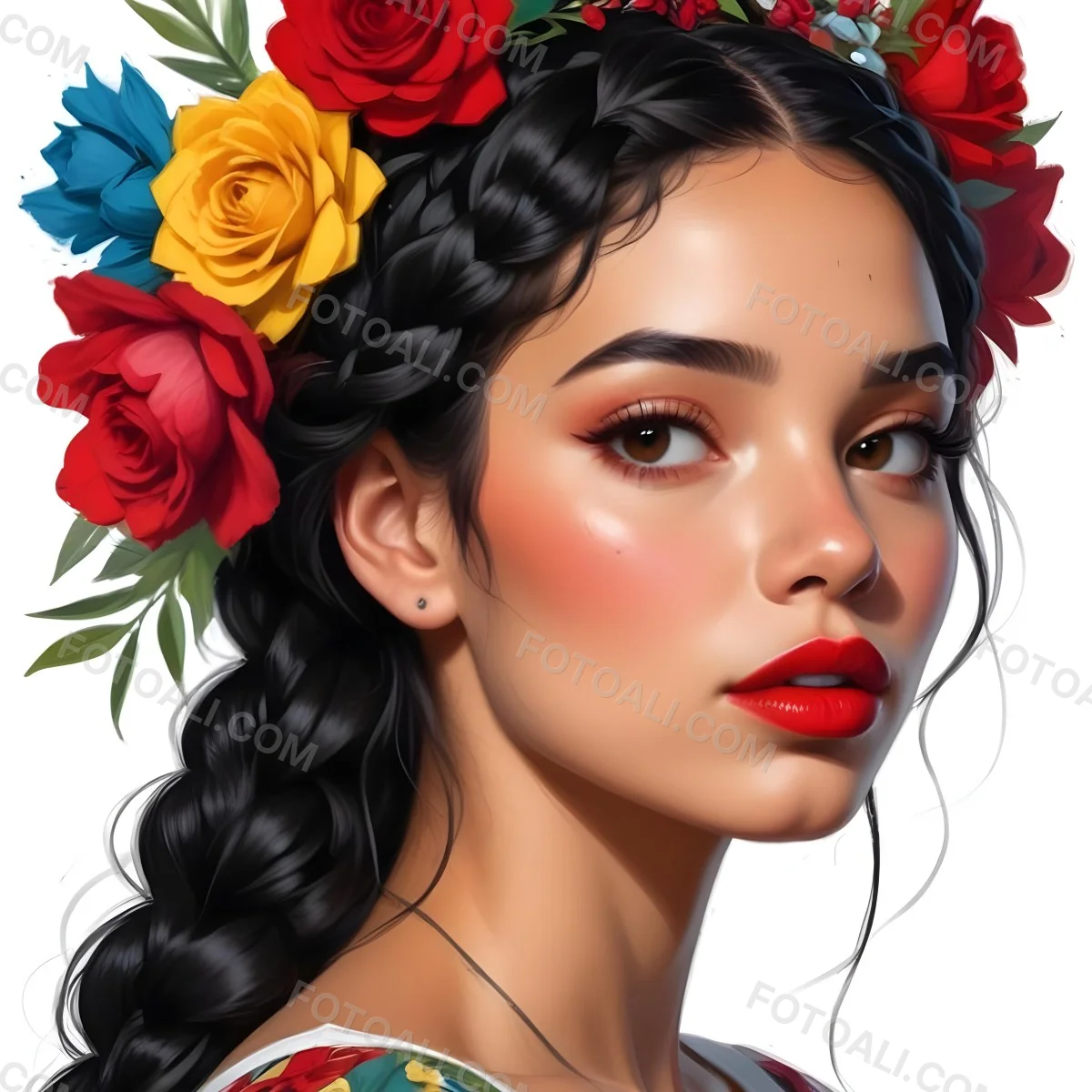 Digital Painting A 23 Year Old Hispanic Woman With Black Braided Hair And Red Lips Flower Crown White Background Bold And Slim Lines Brush Strokes 52 3736