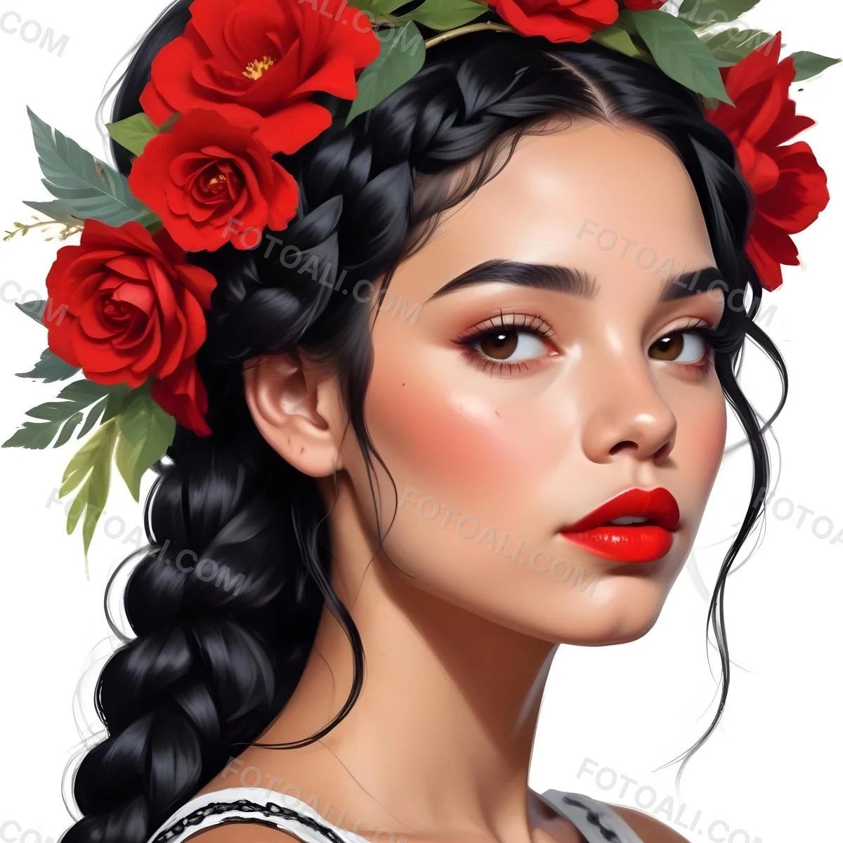 Digital Painting A 23 Year Old Hispanic Woman With Black Braided Hair And Red Lips Flower Crown White Background Bold And Slim Lines Brush Strokes 53 4f59