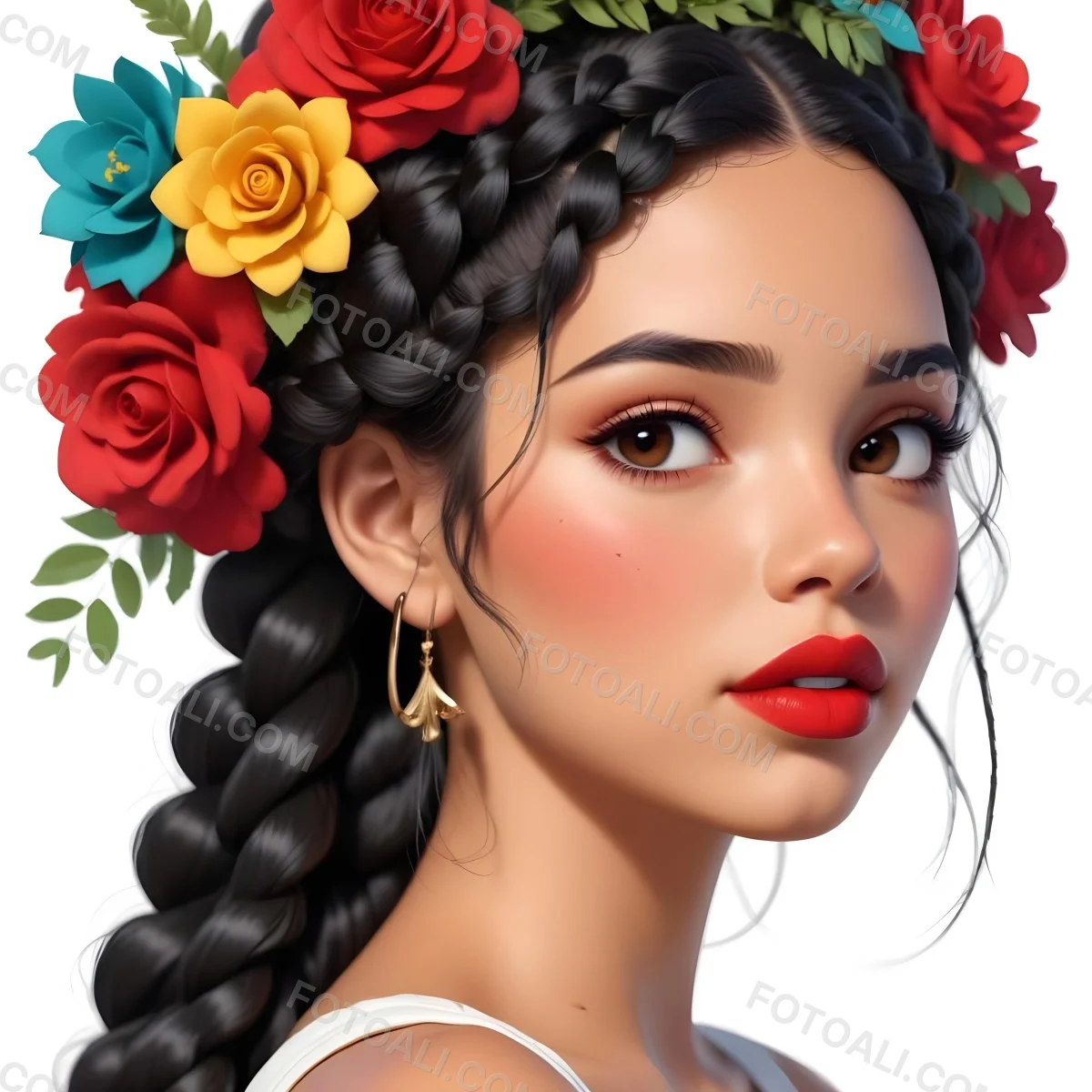 Digital Painting A 23 Year Old Hispanic Woman With Black Braided Hair And Red Lips Flower Crown White Background Bold And Slim Lines Brush Strokes 7 3759
