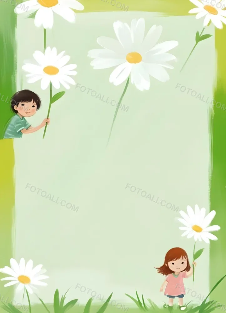 Digital Painting A 6 Year Old Asian Boy And A 6 Year Old Caucasian Girl Holding A Daisy In A Green Background Bold And Slim Lines Brush Strokes 11 8c59