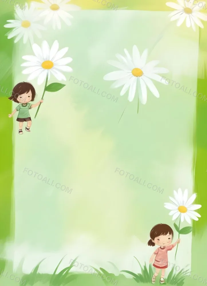 Digital Painting A 6 Year Old Asian Boy And A 6 Year Old Caucasian Girl Holding A Daisy In A Green Background Bold And Slim Lines Brush Strokes 14 9d63