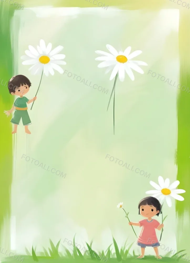 Digital Painting A 6 Year Old Asian Boy And A 6 Year Old Caucasian Girl Holding A Daisy In A Green Background Bold And Slim Lines Brush Strokes 20 8bba