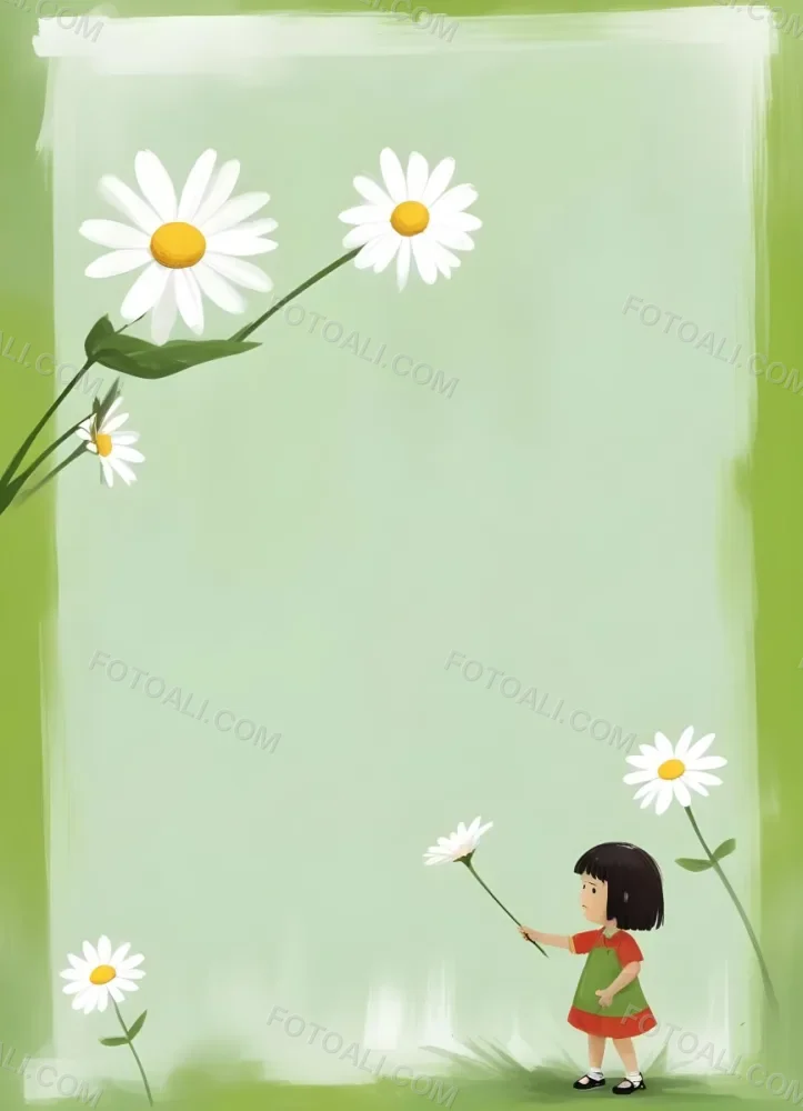 Digital Painting A 6 Year Old Asian Boy And A 6 Year Old Caucasian Girl Holding A Daisy In A Green Background Bold And Slim Lines Brush Strokes 24 F97f
