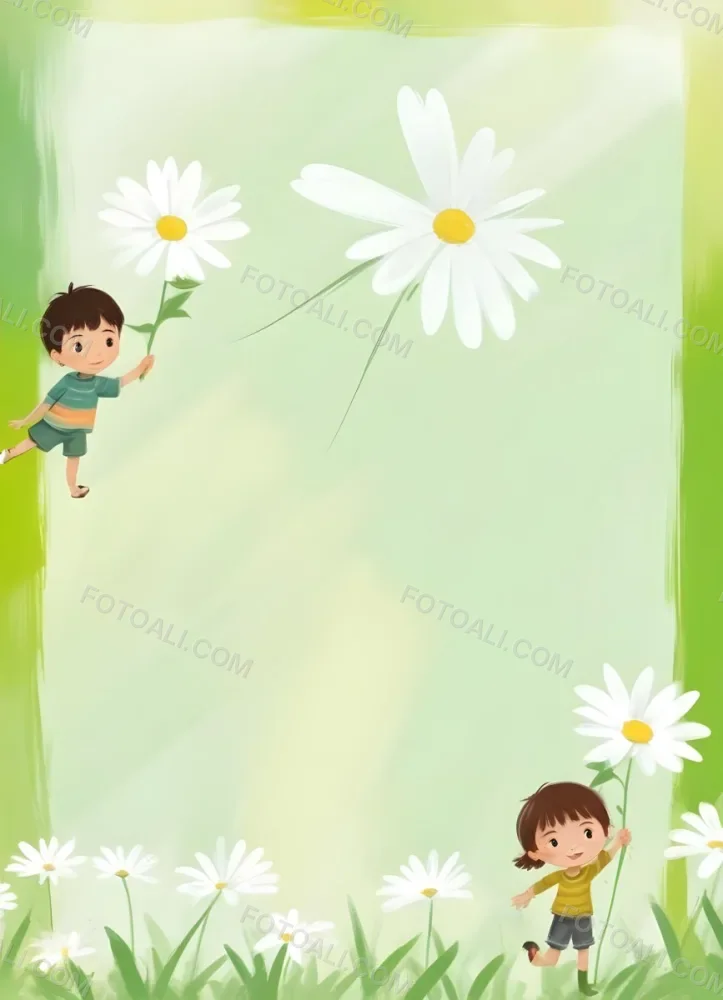 Digital Painting A 6 Year Old Asian Boy And A 6 Year Old Caucasian Girl Holding A Daisy In A Green Background Bold And Slim Lines Brush Strokes 5 3871