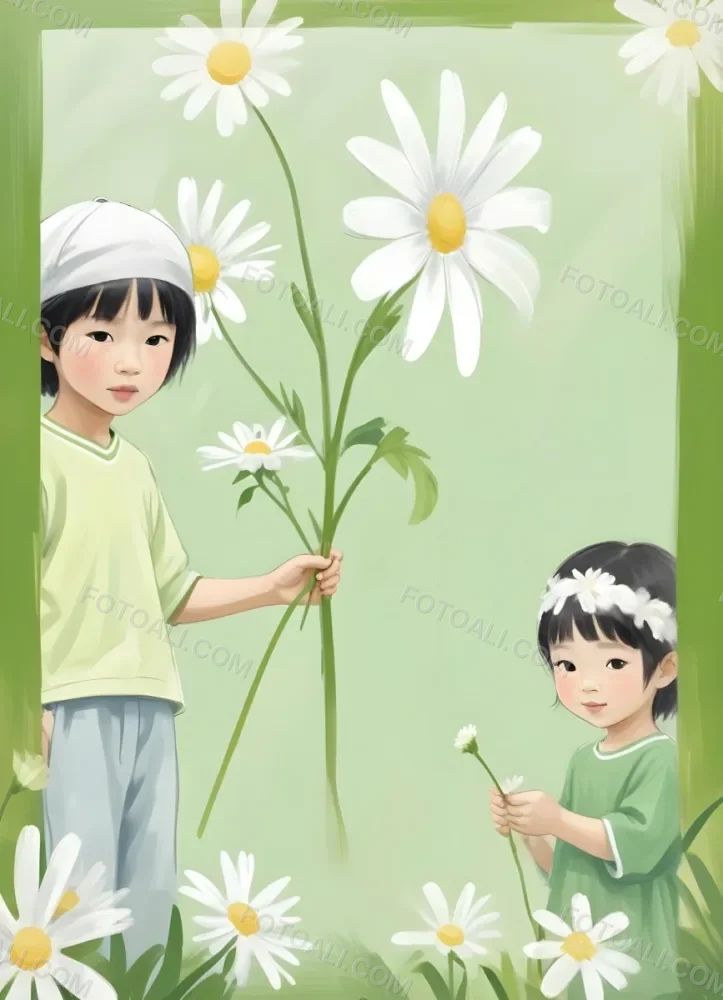 Digital Painting A 6 Year Old Asian Boy And A 6 Year Old Caucasian Girl Holding A Daisy In A Green Background Bold And Slim Lines Brush Strokes 50 7983