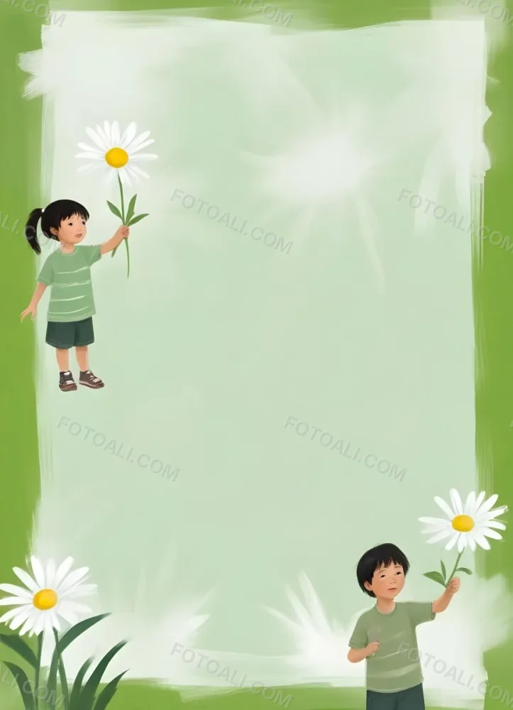 Digital Painting A 6 Year Old Asian Boy And A 6 Year Old Caucasian Girl Holding A Daisy In A Green Background Bold And Slim Lines Brush Strokes 53 26f3