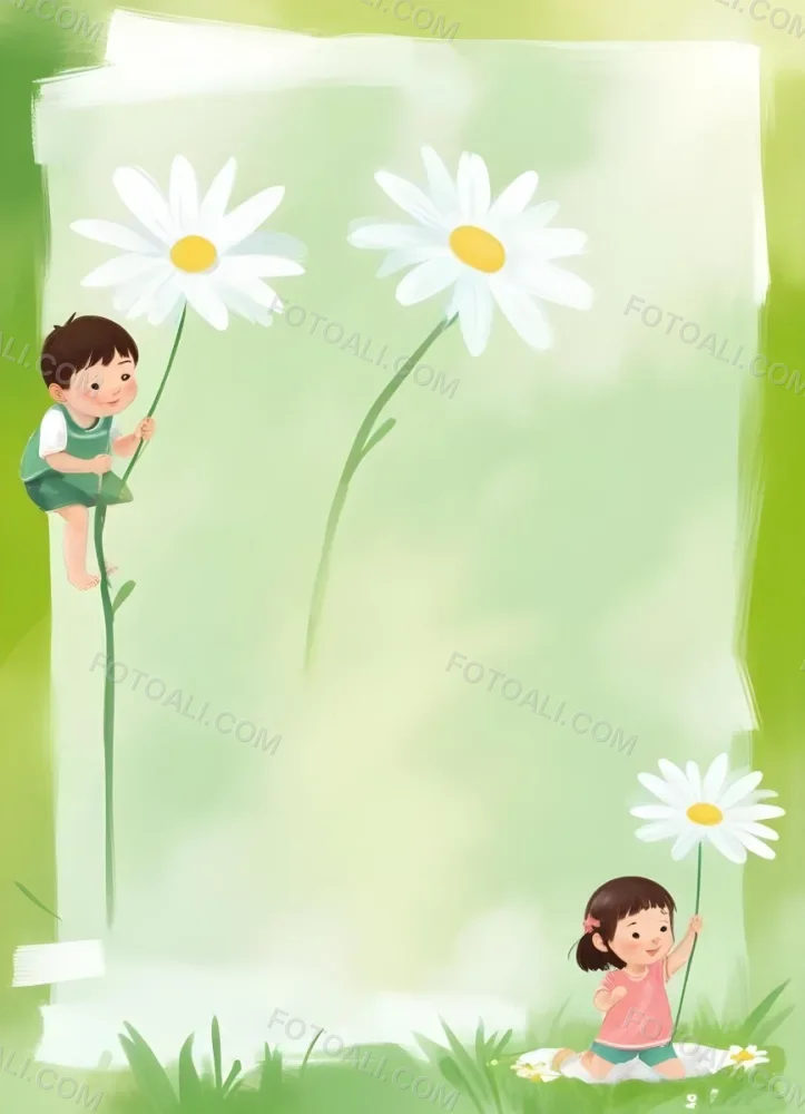 Digital Painting A 6 Year Old Asian Boy And A 6 Year Old Caucasian Girl Holding A Daisy In A Green Background Bold And Slim Lines Brush Strokes 55 Af56