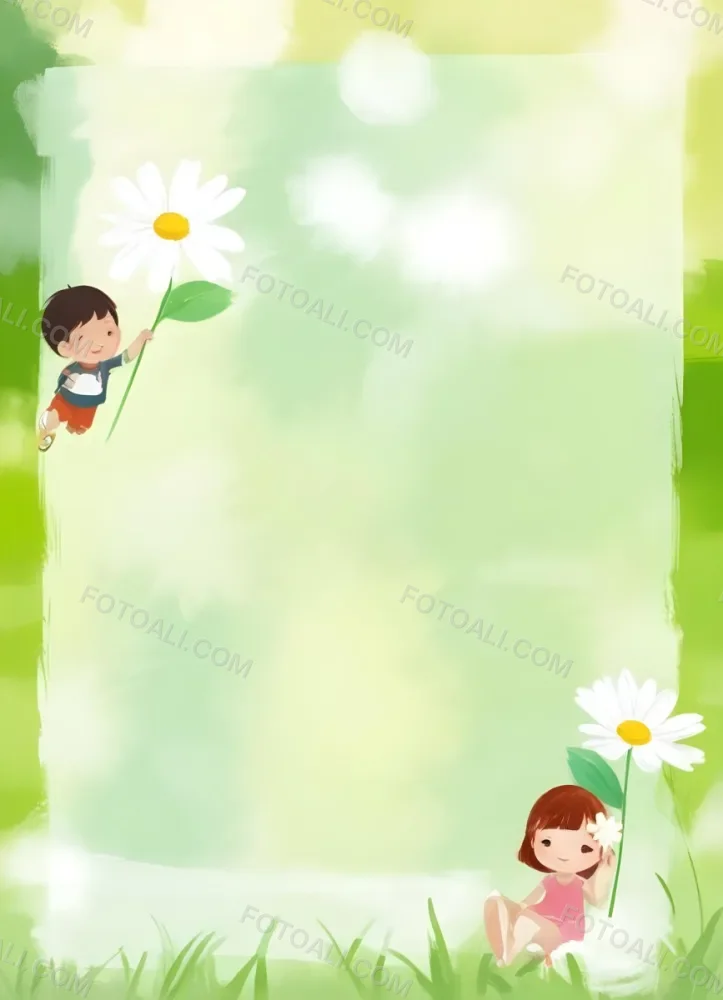 Digital Painting A 6 Year Old Asian Boy And A 6 Year Old Caucasian Girl Holding A Daisy In A Green Background Bold And Slim Lines Brush Strokes 6 5c78
