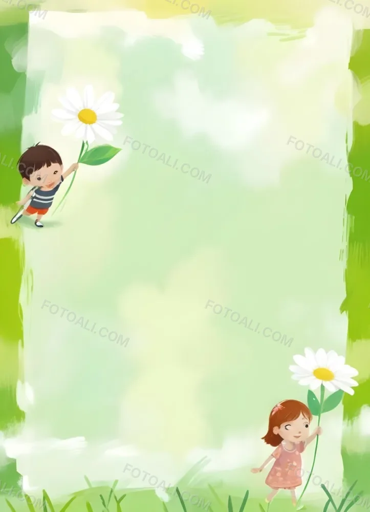 Digital Painting A 6 Year Old Asian Boy And A 6 Year Old Caucasian Girl Holding A Daisy In A Green Background Bold And Slim Lines Brush Strokes 7 30fb