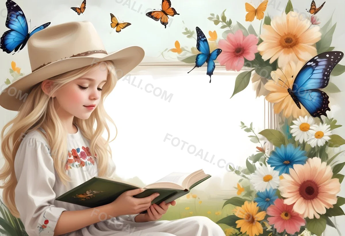Digital Painting A 8 Year Old White Girl With Blonde Hair And A Cowboy Hat Reading A Book Flowers And Butterflies Around A Frame Bold And Slim Lines Brush Strokes 1 A70f