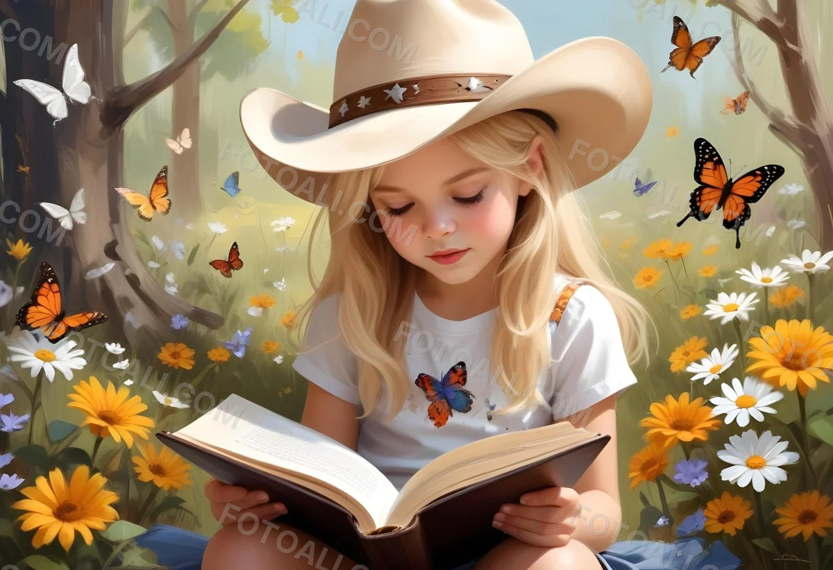 Digital Painting A 8 Year Old White Girl With Blonde Hair And A Cowboy Hat Reading A Book Flowers And Butterflies Around A Frame Bold And Slim Lines Brush Strokes 2 2b78