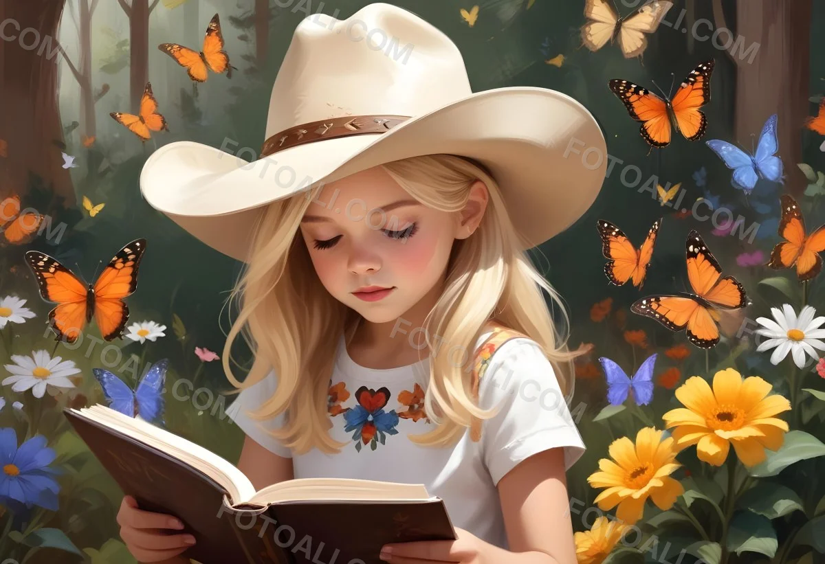 Digital Painting A 8 Year Old White Girl With Blonde Hair And A Cowboy Hat Reading A Book Flowers And Butterflies Around A Frame Bold And Slim Lines Brush Strokes 3 4957
