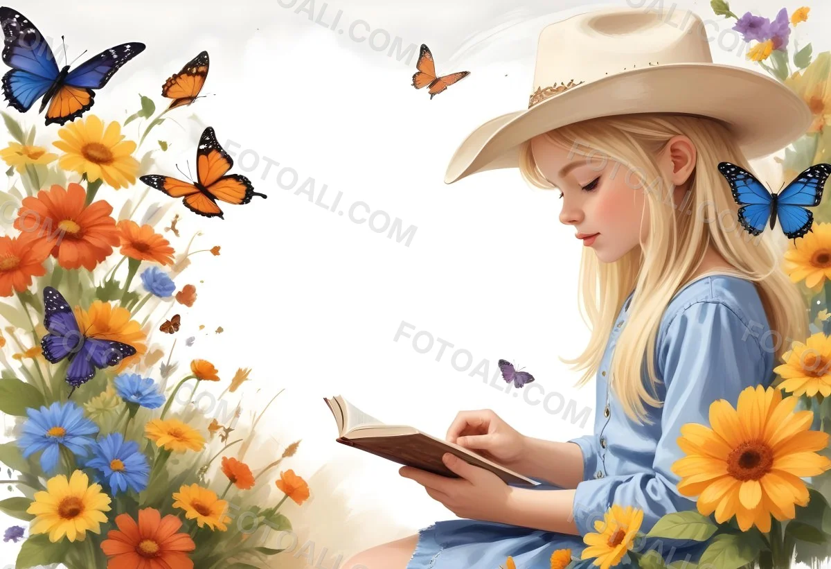 Digital Painting A 8 Year Old White Girl With Blonde Hair And A Cowboy Hat Reading A Book Flowers And Butterflies Around A Frame Bold And Slim Lines Brush Strokes 4 9d56