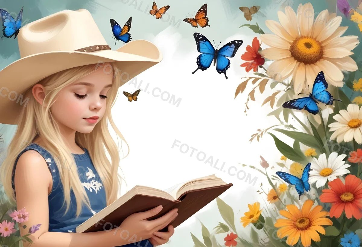 Digital Painting A 8 Year Old White Girl With Blonde Hair And A Cowboy Hat Reading A Book Flowers And Butterflies Around A Frame Bold And Slim Lines Brush Strokes 5 7ad7