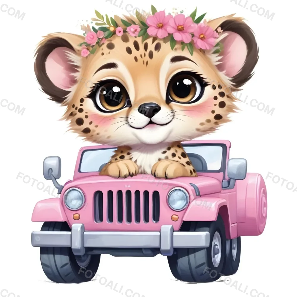 Digital Painting A Baby Cheetah With A Flower Crown Driving A Pink Jeep Big Eyes Cartoonish Style Simple Background Bold And Slim Lines Brush Strokes 12 8660