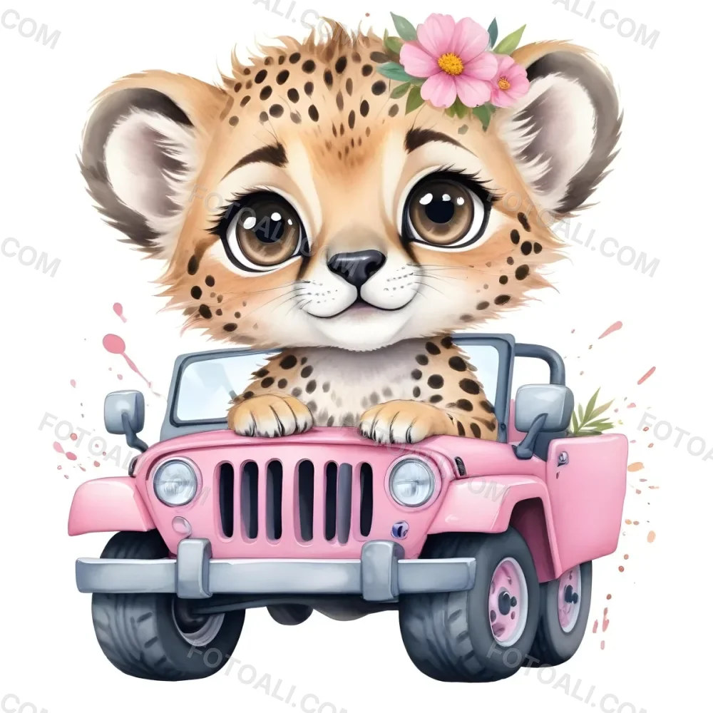 Digital Painting A Baby Cheetah With A Flower Crown Driving A Pink Jeep Big Eyes Cartoonish Style Simple Background Bold And Slim Lines Brush Strokes 17 017a