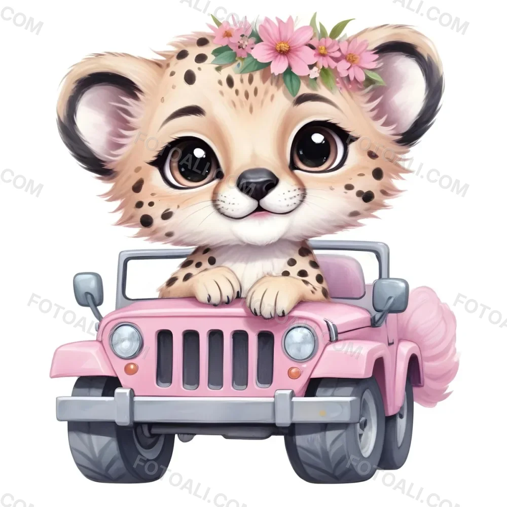 Digital Painting A Baby Cheetah With A Flower Crown Driving A Pink Jeep Big Eyes Cartoonish Style Simple Background Bold And Slim Lines Brush Strokes 18 F2be
