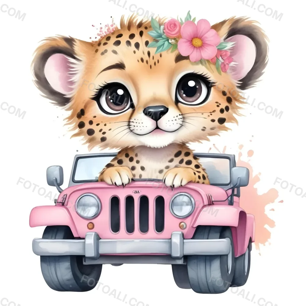 Digital Painting A Baby Cheetah With A Flower Crown Driving A Pink Jeep Big Eyes Cartoonish Style Simple Background Bold And Slim Lines Brush Strokes 31 8324