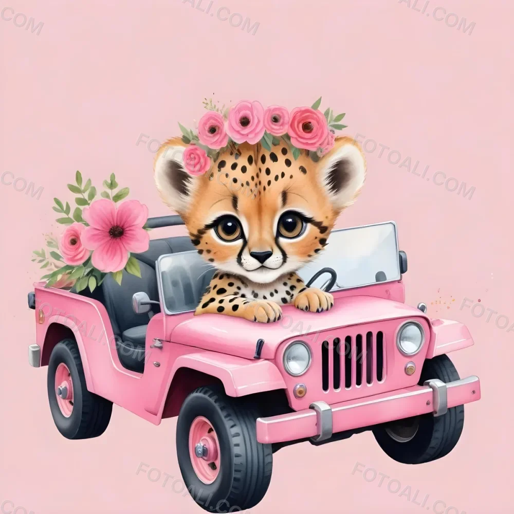 Digital Painting A Baby Cheetah With A Flower Crown Driving A Pink Jeep Big Eyes Cartoonish Style Simple Background Bold And Slim Lines Brush Strokes 35 1933