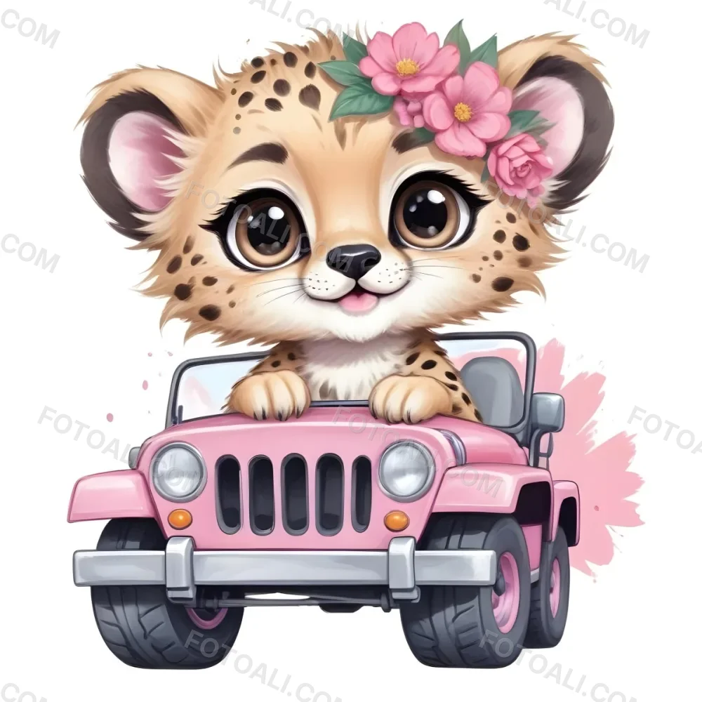 Digital Painting A Baby Cheetah With A Flower Crown Driving A Pink Jeep Big Eyes Cartoonish Style Simple Background Bold And Slim Lines Brush Strokes 45 E599