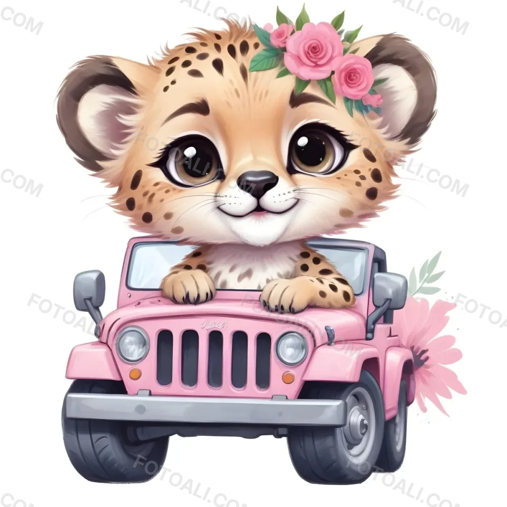 Digital Painting A Baby Cheetah With A Flower Crown Driving A Pink Jeep Big Eyes Cartoonish Style Simple Background Bold And Slim Lines Brush Strokes 46 A92d