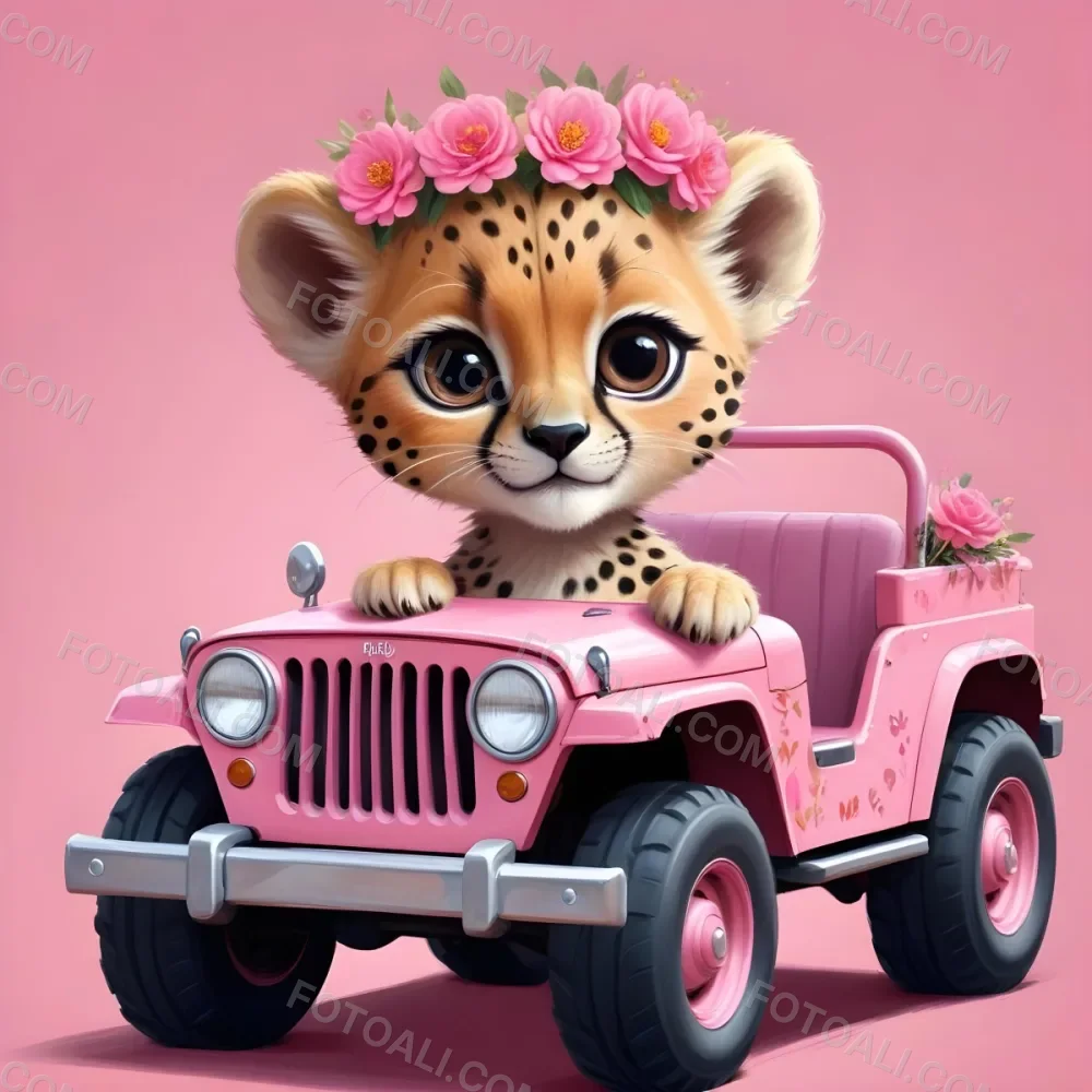 Digital Painting A Baby Cheetah With A Flower Crown Driving A Pink Jeep Big Eyes Cartoonish Style Simple Background Bold And Slim Lines Brush Strokes 5 1817