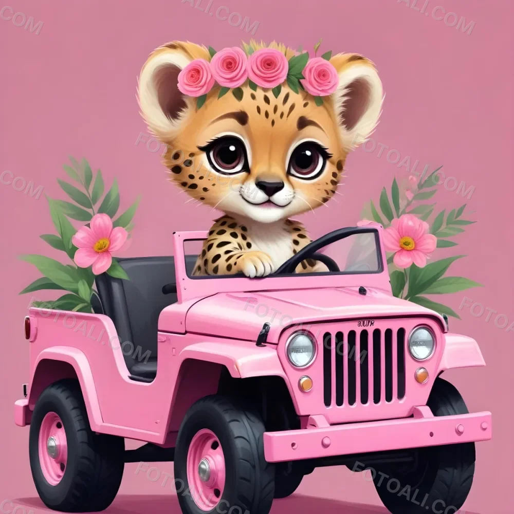 Digital Painting A Baby Cheetah With A Flower Crown Driving A Pink Jeep Big Eyes Cartoonish Style Simple Background Bold And Slim Lines Brush Strokes 51 8592