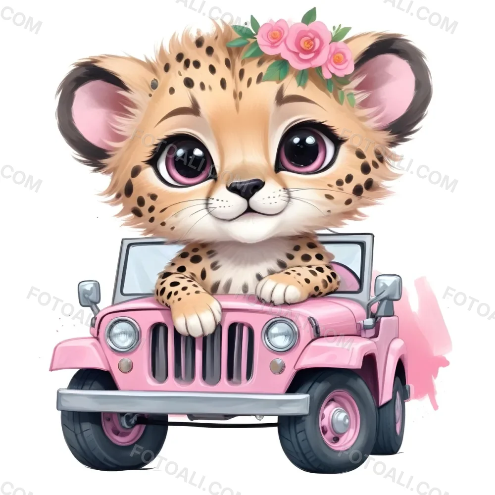 Digital Painting A Baby Cheetah With A Flower Crown Driving A Pink Jeep Big Eyes Cartoonish Style Simple Background Bold And Slim Lines Brush Strokes 52 A6c3