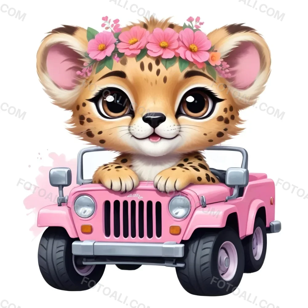 Digital Painting A Baby Cheetah With A Flower Crown Driving A Pink Jeep Big Eyes Cartoonish Style Simple Background Bold And Slim Lines Brush Strokes 6 95d7