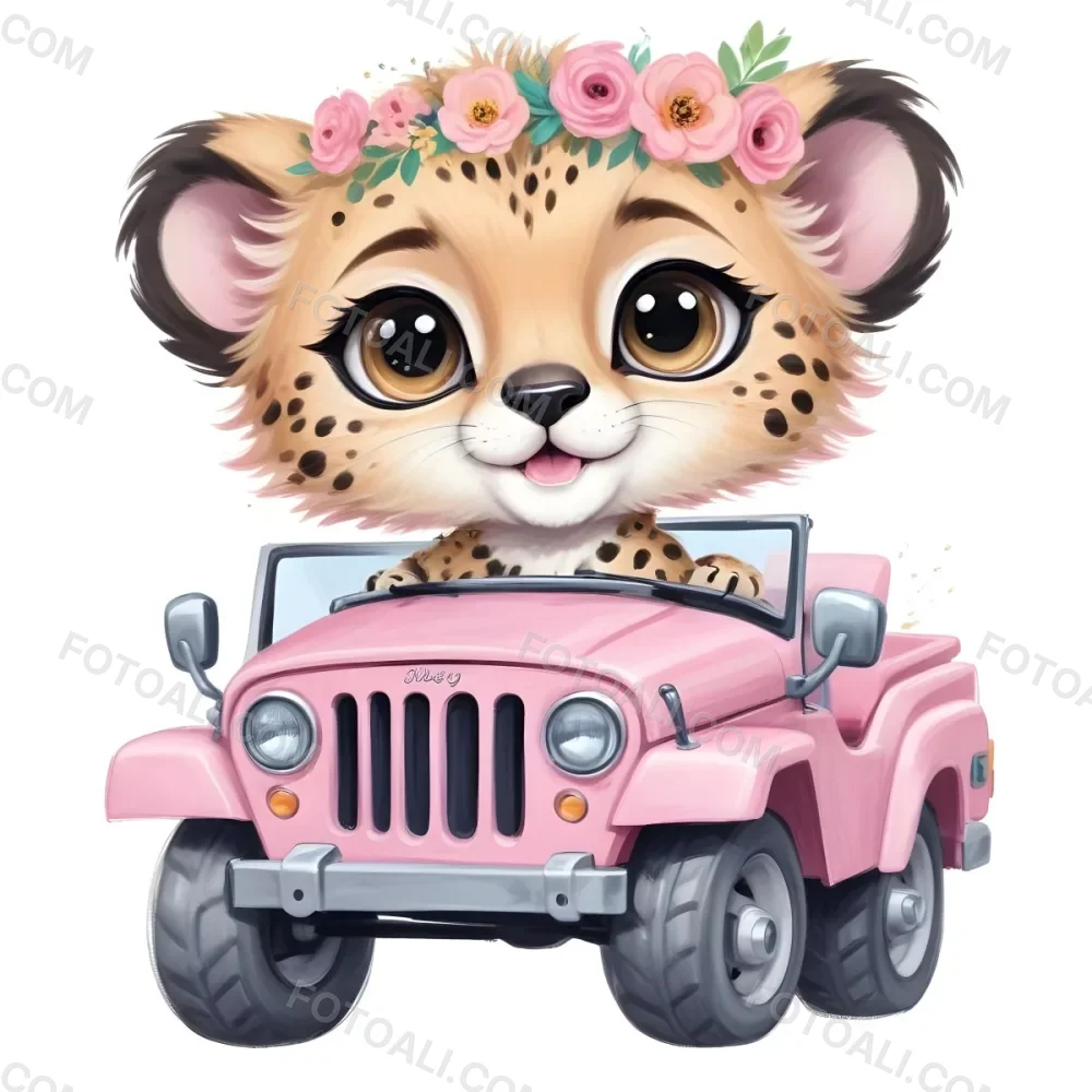 Digital Painting A Baby Cheetah With A Flower Crown Driving A Pink Jeep Big Eyes Cartoonish Style Simple Background Bold And Slim Lines Brush Strokes 8 3226