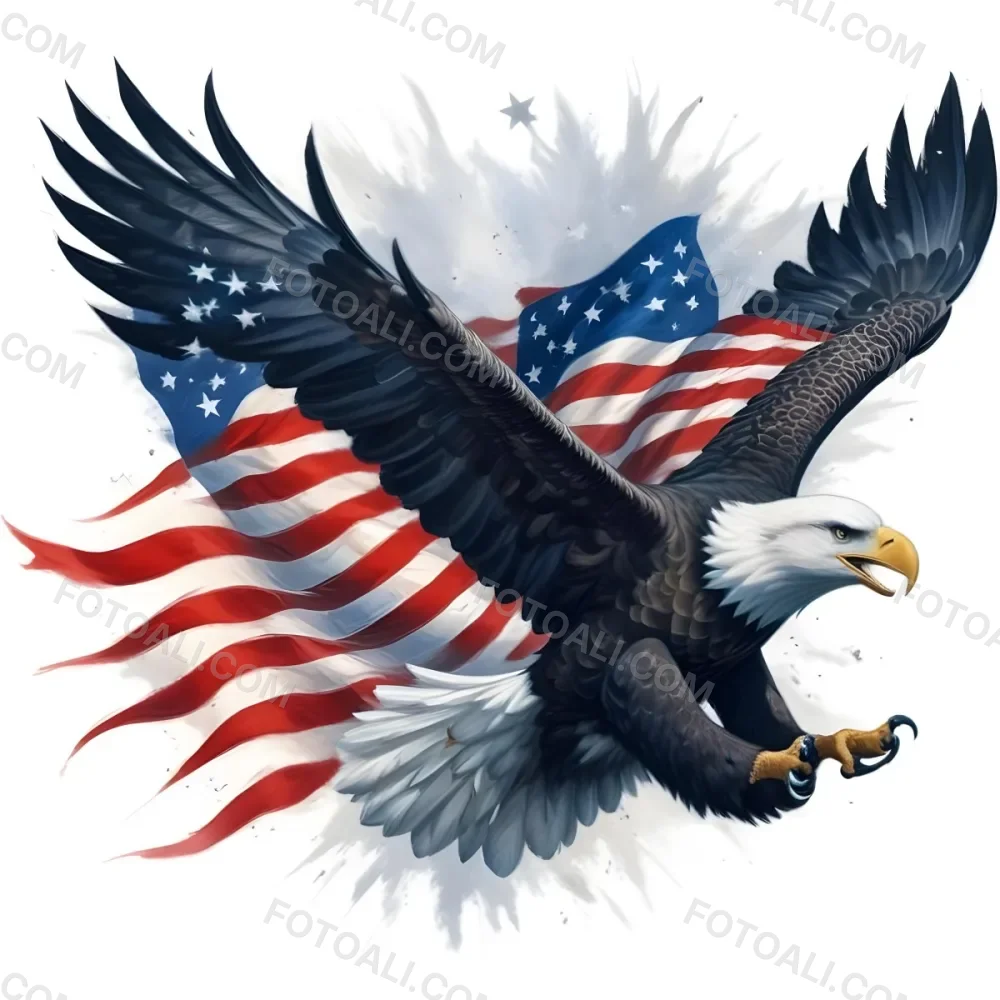 Digital Painting A Bald Eagle With Its Wings Spread Soaring Against A Background Of The American Flag The Eagle Has A Fierce Expression And Its Feathers Are Detailed With Stars And Stripes Representing The Patrio 10 Db70