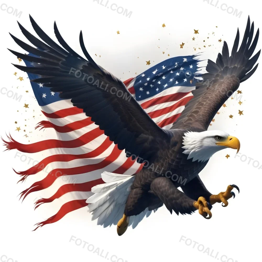 Digital Painting A Bald Eagle With Its Wings Spread Soaring Against A Background Of The American Flag The Eagle Has A Fierce Expression And Its Feathers Are Detailed With Stars And Stripes Representing The Patrio 16 11b3