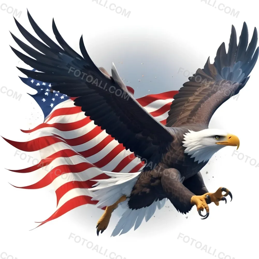 Digital Painting A Bald Eagle With Its Wings Spread Soaring Against A Background Of The American Flag The Eagle Has A Fierce Expression And Its Feathers Are Detailed With Stars And Stripes Representing The Patrio 18 B513