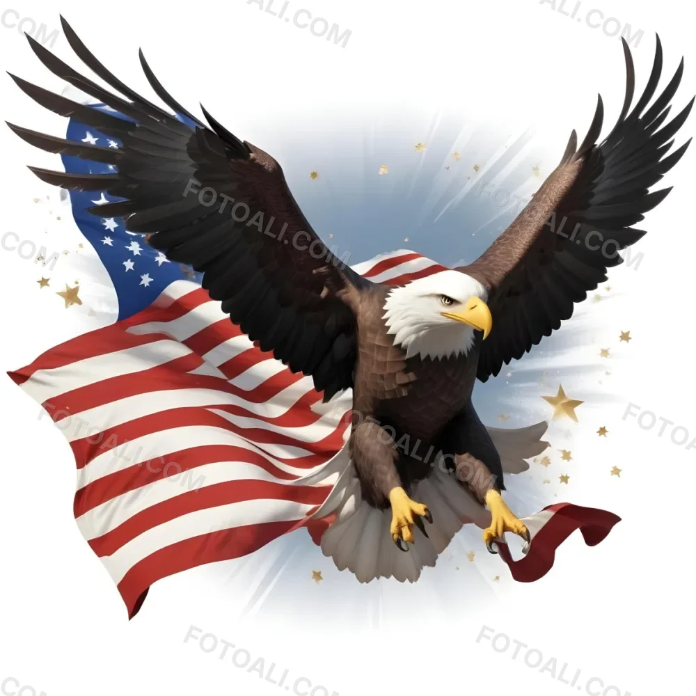 Digital Painting A Bald Eagle With Its Wings Spread Soaring Against A Background Of The American Flag The Eagle Has A Fierce Expression And Its Feathers Are Detailed With Stars And Stripes Representing The Patrio 19 Ca91