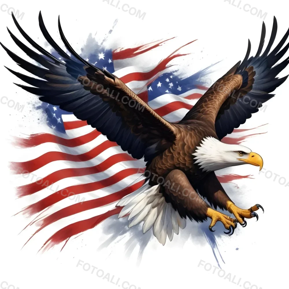 Digital Painting A Bald Eagle With Its Wings Spread Soaring Against A Background Of The American Flag The Eagle Has A Fierce Expression And Its Feathers Are Detailed With Stars And Stripes Representing The Patrio 28 Edaa