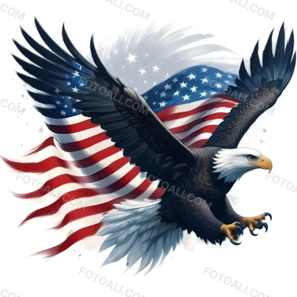 Digital Painting A Bald Eagle With Its Wings Spread Soaring Against A Background Of The American Flag The Eagle Has A Fierce Expression And Its Feathers Are Detailed With Stars And Stripes Representing The Patrio 29 B3cc