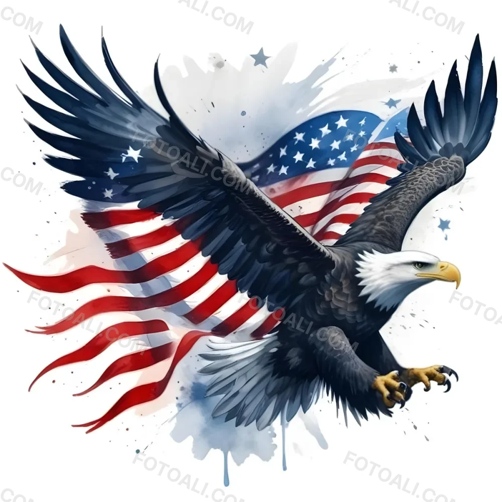 Digital Painting A Bald Eagle With Its Wings Spread Soaring Against A Background Of The American Flag The Eagle Has A Fierce Expression And Its Feathers Are Detailed With Stars And Stripes Representing The Patrio 5 Db0d