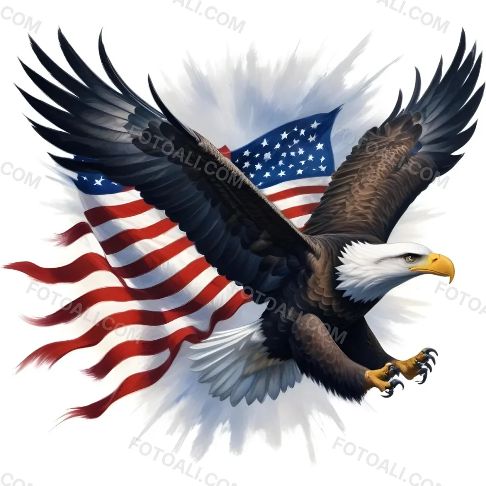 Digital Painting A Bald Eagle With Its Wings Spread Soaring Against A Background Of The American Flag The Eagle Has A Fierce Expression And Its Feathers Are Detailed With Stars And Stripes Representing The Patrio 8 32fc