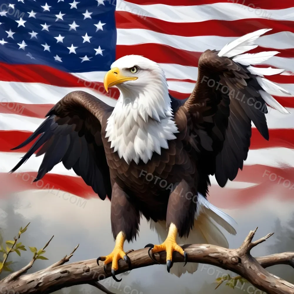 Digital Painting A Bald Eagle With White Head And Tail Feathers Perched On A Branch And Surrounded By An American Flag The Eagle Has A Fierce Expression And Is Depicted In A Patriotic Symbolic Style Bold And Slim 11 2090