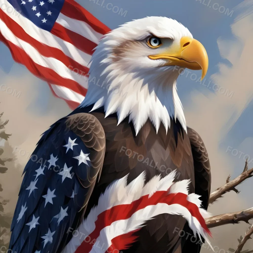 Digital Painting A Bald Eagle With White Head And Tail Feathers Perched On A Branch And Surrounded By An American Flag The Eagle Has A Fierce Expression And Is Depicted In A Patriotic Symbolic Style Bold And Slim 19 5c06