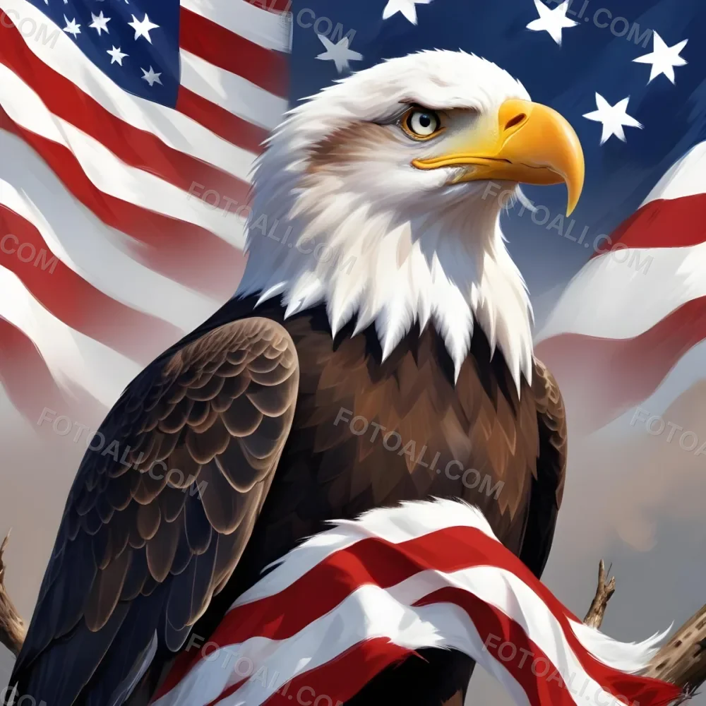 Digital Painting A Bald Eagle With White Head And Tail Feathers Perched On A Branch And Surrounded By An American Flag The Eagle Has A Fierce Expression And Is Depicted In A Patriotic Symbolic Style Bold And Slim 3 4693