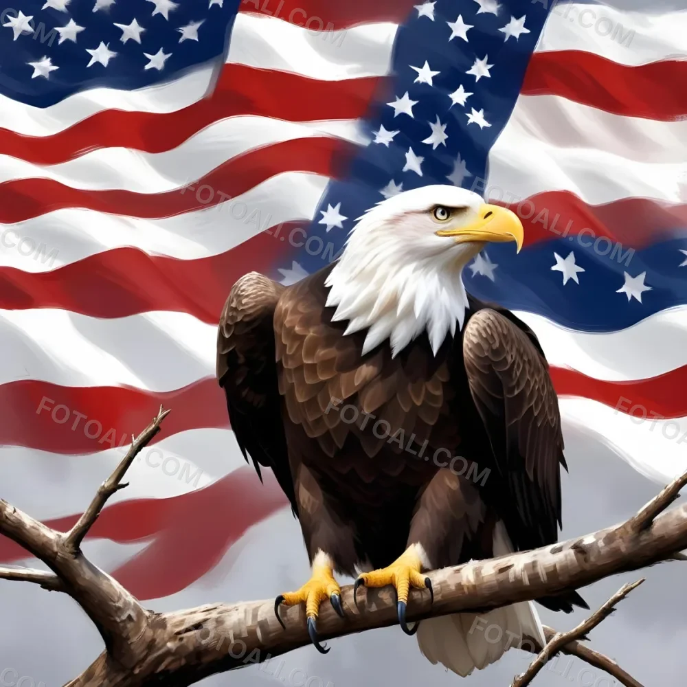 Digital Painting A Bald Eagle With White Head And Tail Feathers Perched On A Branch And Surrounded By An American Flag The Eagle Has A Fierce Expression And Is Depicted In A Patriotic Symbolic Style Bold And Slim 7 A307