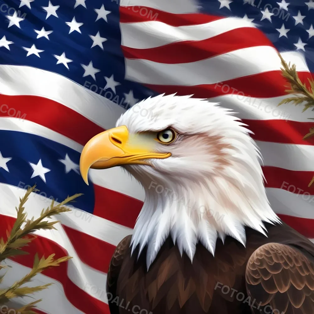 Digital Painting A Bald Eagle With White Head And Tail Feathers Perched On A Branch And Surrounded By An American Flag The Eagle Has A Fierce Expression And Is Depicted In A Patriotic Symbolic Style Bold And Slim 8 65a4
