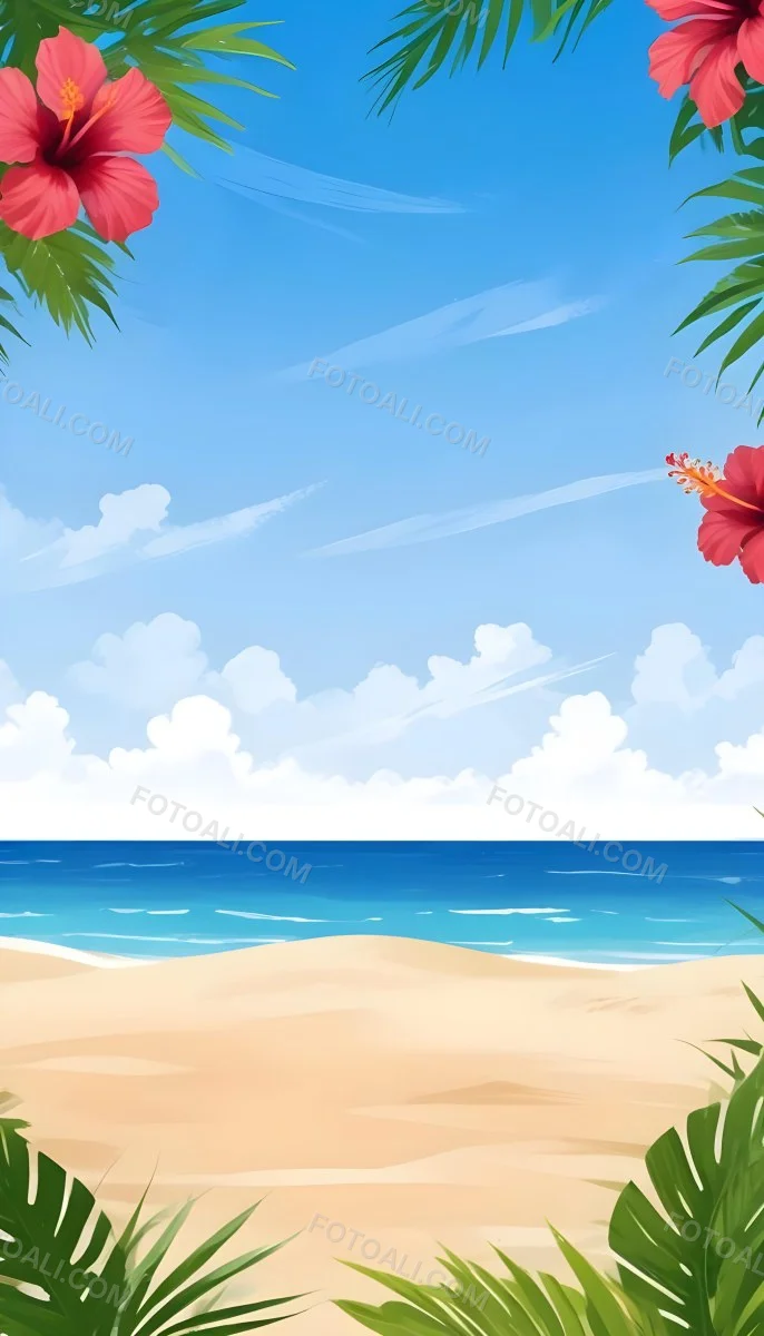 Digital Painting A Beach With Blue Sky Sand And Sand Hibiscus Flower And Palm Leaves On The Corners Tropical Paradise Summer Vacation Vibrant Colors Sunny Day Bold And Slim Lines Brush Strokes 1 3c47