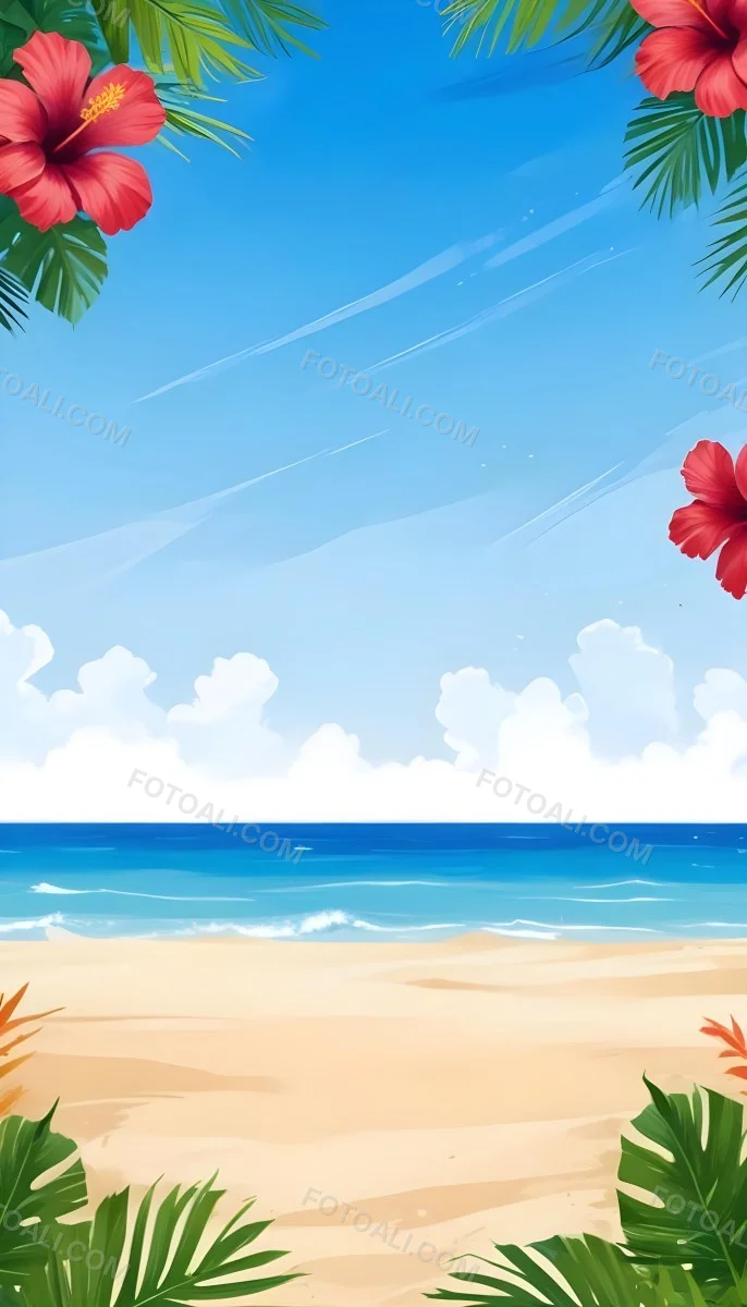 Digital Painting A Beach With Blue Sky Sand And Sand Hibiscus Flower And Palm Leaves On The Corners Tropical Paradise Summer Vacation Vibrant Colors Sunny Day Bold And Slim Lines Brush Strokes 15 4997